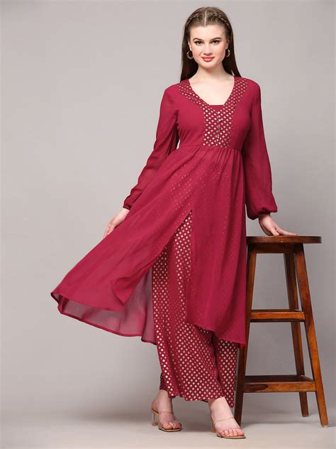 Poshak Hub Women Pink Georgette Foil Print A-Line Kurta with palazzo ...