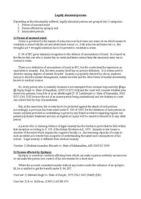 Notes - Criminal Law - I - IPC - Legally abnormal persons - Legally ...