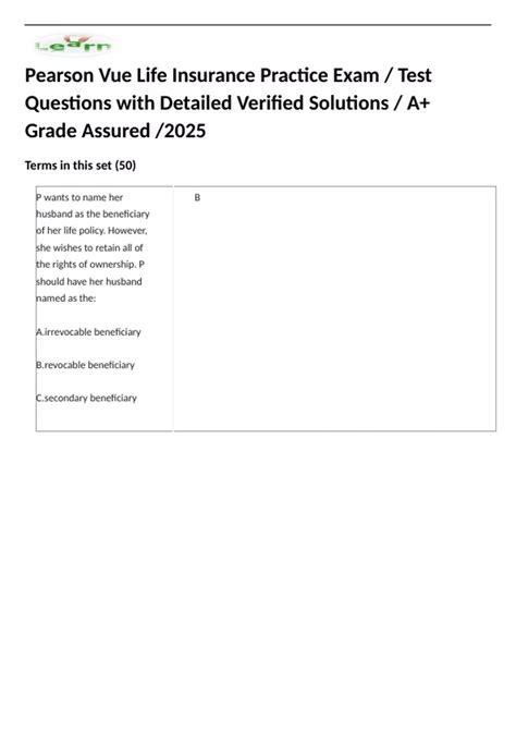 Pearson Vue Life Insurance Practice Exam / Test Questions with Detailed ...