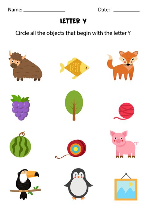 Letter recognition for kids. Circle all objects that start with Y ...