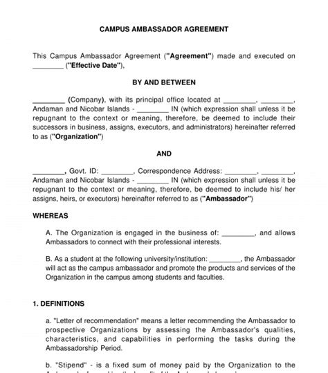 Campus Ambassador Agreement - Template - Word & PDF