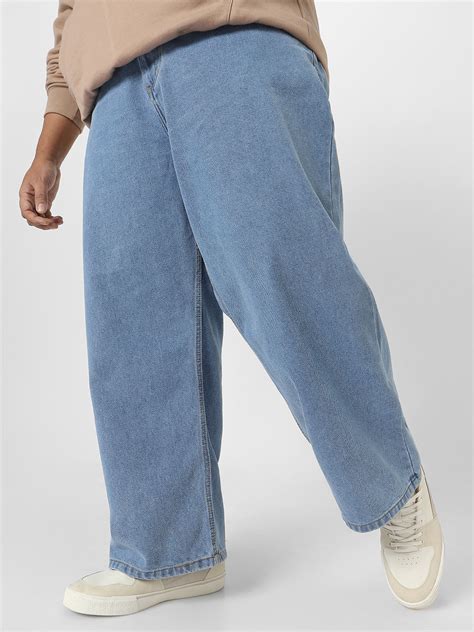 Plus Men's Light Blue Loose Baggy Fit Washed Jeans Non-Stretchable ...