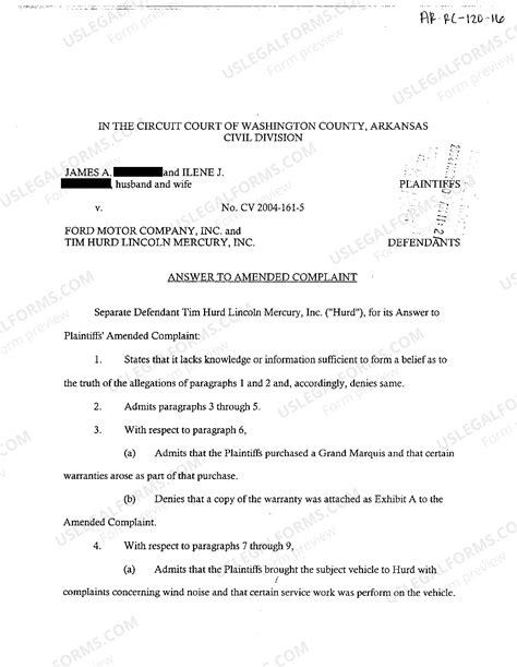 Answer to Amended Complaint for Violation of Arkansas Lemon Law | US ...