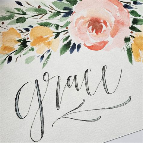 Grace in Cursive Writing with Watercolor Flowers
