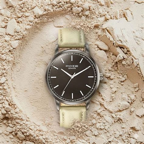 Buy Online Poze By Sonata Quartz Analog Black Dial Beige Leather Strap ...