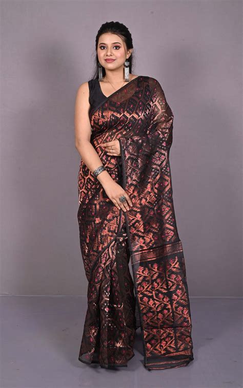 Soft Zari Brocade Dhakai Jamdani Saree in Black, Hot Pink and Copper ...