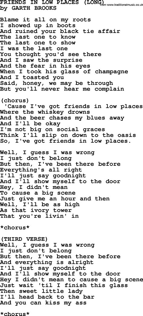 Friends In Low Places (long), by Garth Brooks - lyrics