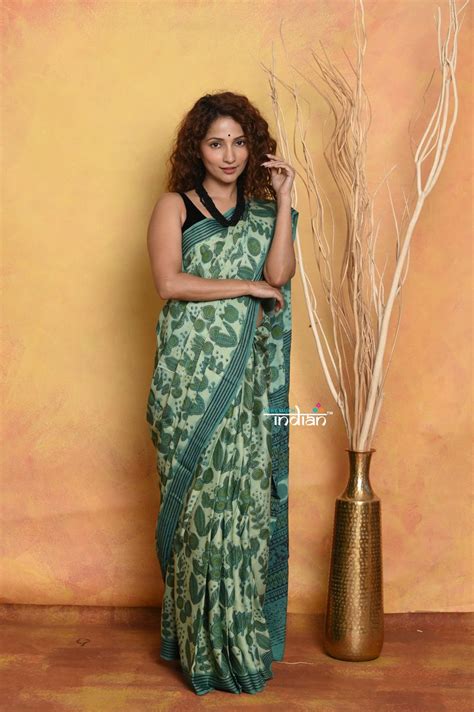 Mastaani ~ Natural Dyes Modal Silk Saree With Handblock Prints - Sea G ...