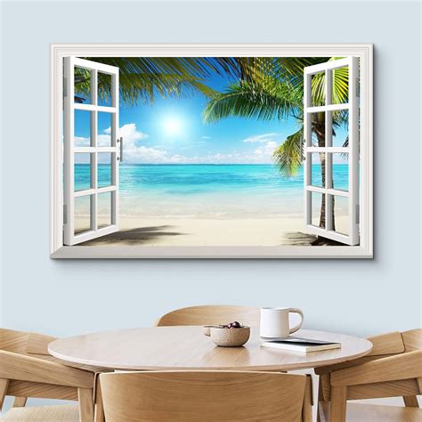 IDEA4WALL Window Scenery Tropical Green Palm Tree Coastal Beach Blue ...