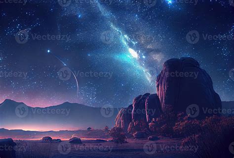 Starry night landscape with mountain and milky way sky background ...