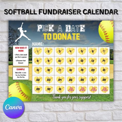Editable Softball Fundraiser Calendar, Calendar Fundraiser, Fundraiser Calendar Printable ...