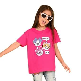 Buy Nusyl Girl's Hot Pink Cute Cat & Text Printed Cotton Blend ...