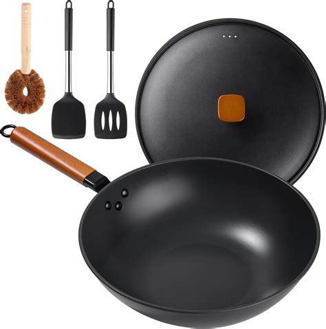 Wok Pan with Lid - 13" Nonstick Wok, Carbon Steel Woks & Stir-Fry Pans ...