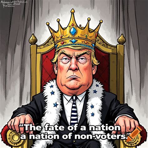 Caricature of Donald Trump wearing a crown and robe, sitting on a ...
