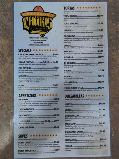 Menu at Chukis Deli Mexicano restaurant, Olive Branch