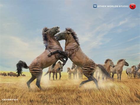 Two Equus giganteus stallions battling for control of the herd. E. giganteus is an extinct ...