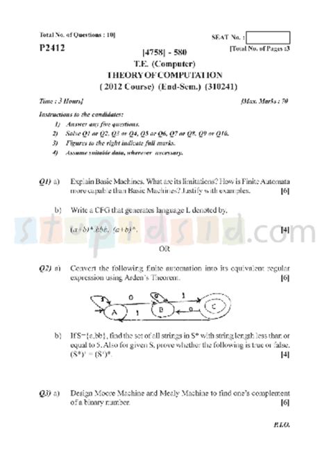 Theory of Computation - Total No. of Questions : SEAT No. : P2412 580 ...