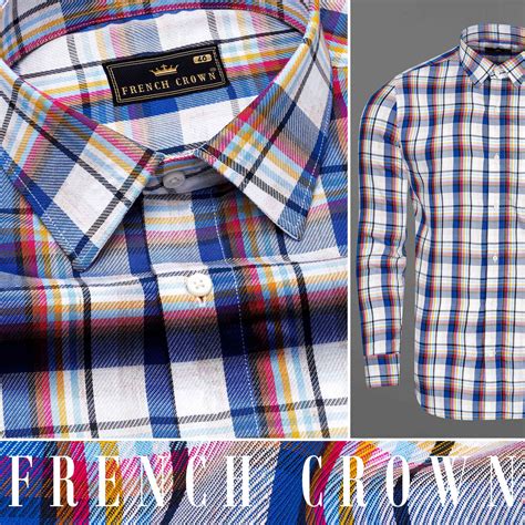 Fawn White with Azure Blue Casual Checks-Plaid Premium Cotton Shirt For ...