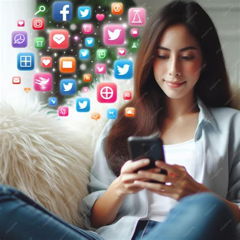 Premium Photo | Woman watching mobile social media icons floating around