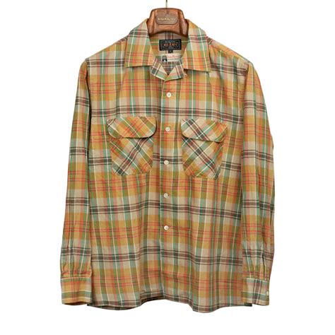 Beams Plus Open collar long sleeve Madras cotton shirt in mustard check ...