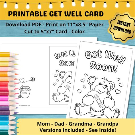 Printable Get Well Cards for Kids to Color With Teddy Bear Hearts 11x8 ...