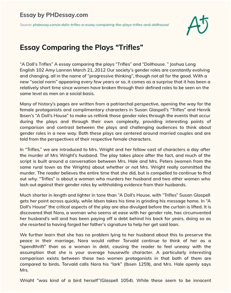 Essay Comparing the Plays “Trifles” - PHDessay.com