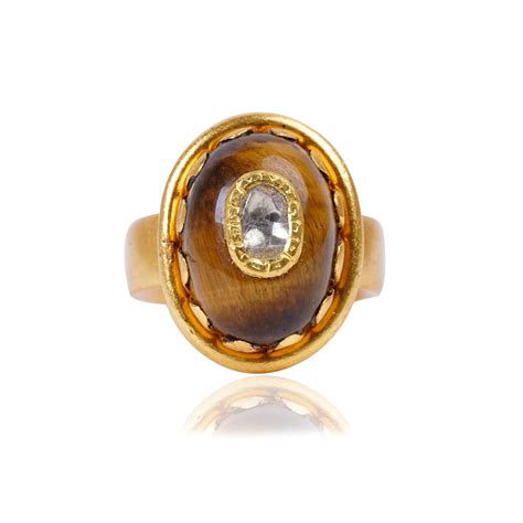 Silver Gold Plated Tiger Eye Stone / Diamond with 24kt gold Jadai Ring ...