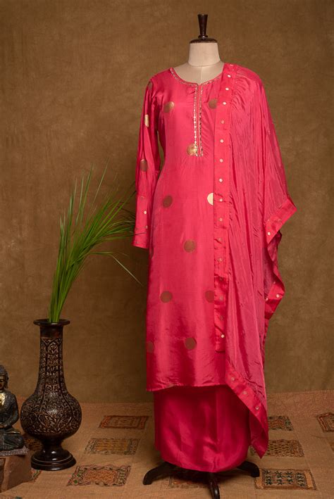 Pink Banarasi Polka Dot Pure Silk Semi Stitch Suit Set – Taana Bana ...
