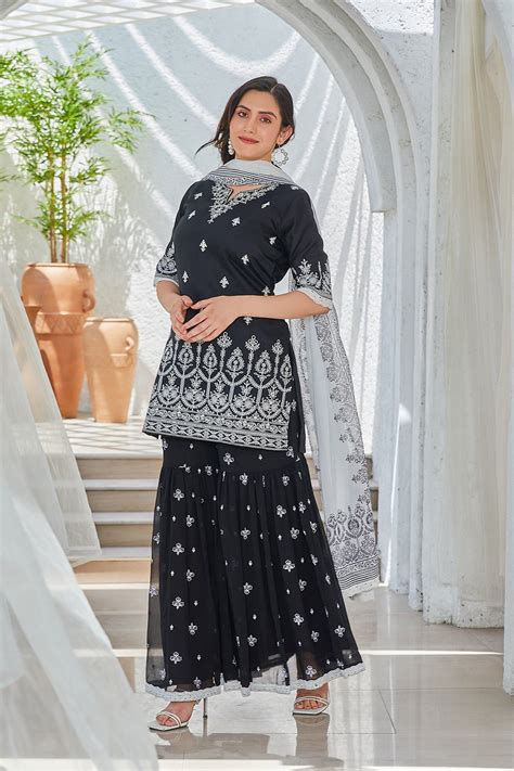 Buy Black Embroidered Straight Kurti & Garara Suit Set Online at Biba India