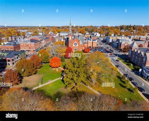 First Congregational Church and Town Common aerial view in fall with ...