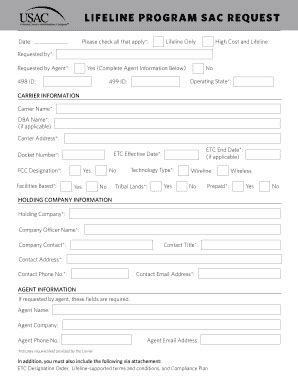 Fillable Online usac LIFELINE PROGRAM SAC REQUEST - USACorg Fax Email ...