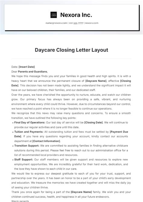 Free Daycare Closing Letter Layout Template to Edit Online