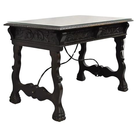 Antique 19th C Spanish Renaissance Carved Oak Wood 2 Drawer Library ...