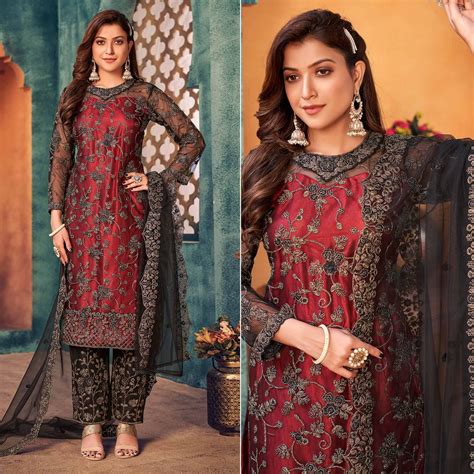 Red-Black Embroidered Netted Pakistani Suit