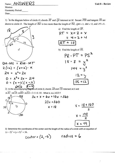 Geometry Unit 10 Circles Test Answer Key / Honors Geometry - Vintage ...
