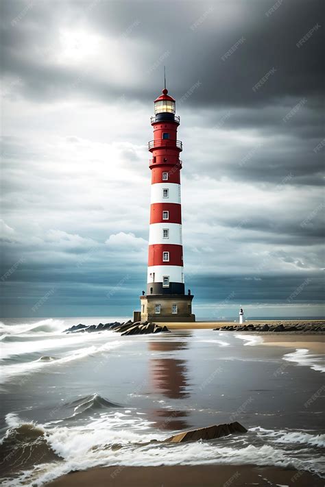 Premium AI Image | Beautiful Vertical Shot Of A Red And White Striped Lighthouse Tower At The Beach