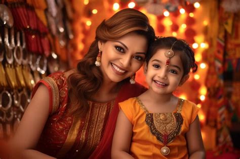 A photo of a mother and daughter in traditional indian clothes ...