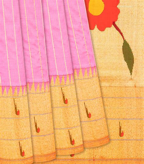 Bubble-gum Pink Handloom Paithani Silk Saree With Stripes