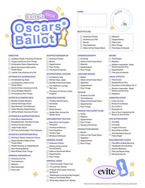 2024 Oscars: Printable Oscars® Ballot
