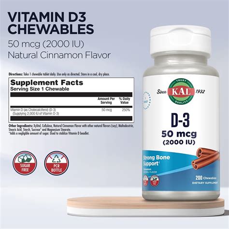 KAL Vitamin D3 Chewables 2000 IU - Sugar Free Cinnamon Flavor - Immune Support & Bone Health ...