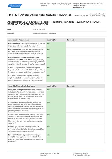 Free digital OSHA Construction Site Safety checklist template