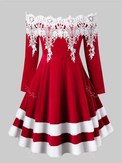[51% OFF] Plus Size Off Shoulder Contrast Lace Velvet Christmas Dress ...