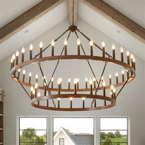 HHR 59" Wood-Grain Surface Double Tier Wagon Wheel Chandelier, 54-Light ...