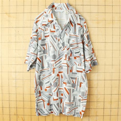70s 80s USA製 Lilly Dache オープンカラー 総柄 ポロシャツ メンズM グレー ブラウン 半袖 ポリエステル アメリカ ...