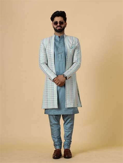 Stunning Mirror Embroidered Sky-Blue Open Sherwani with Turquoise Blue ...
