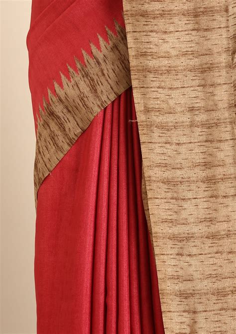 Buy Dusty Pink Temple Border Printed Tussar Saree Online - Taashi