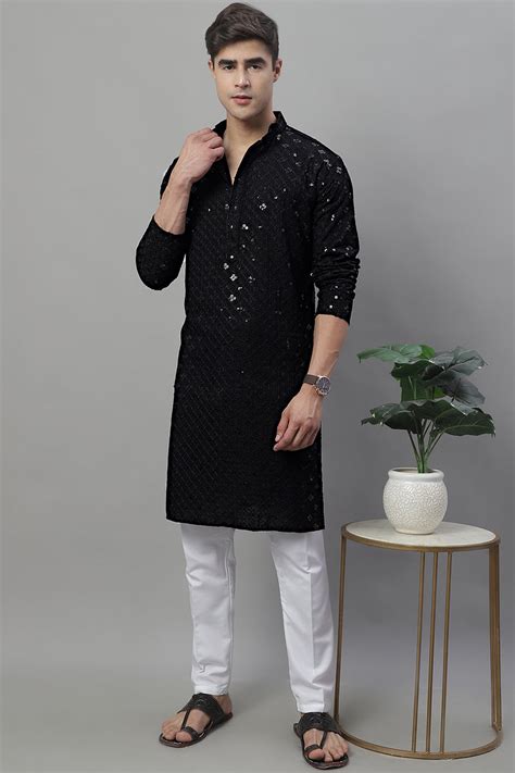 Men's Black Chikankari Embroidered and Sequence Kurta with Pyjama ...