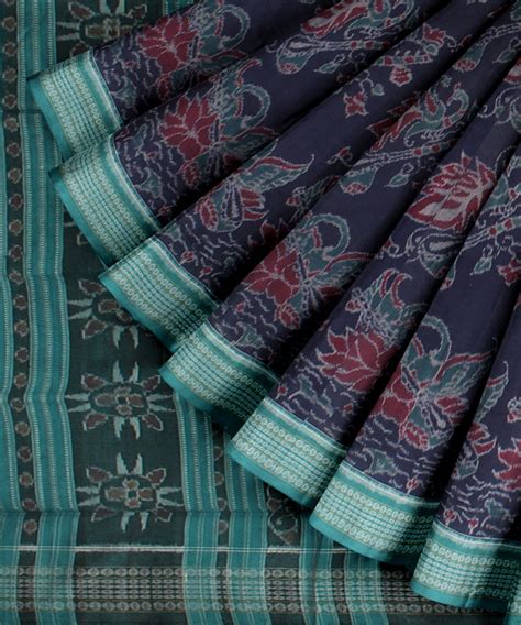 Navy blue green cotton handloom sambalpuri saree – GoSwadeshi