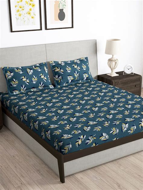 Story@home Arena Grey & Yellow Floral Printed 180 TC Queen Bedsheet & 2 ...