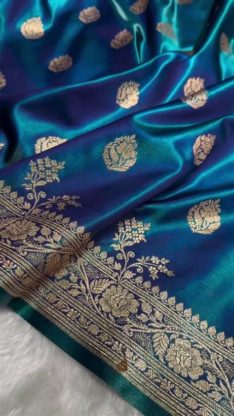 Blue Satin Silk Saree with Rich Golden Zari Border and Floral Motifs ...